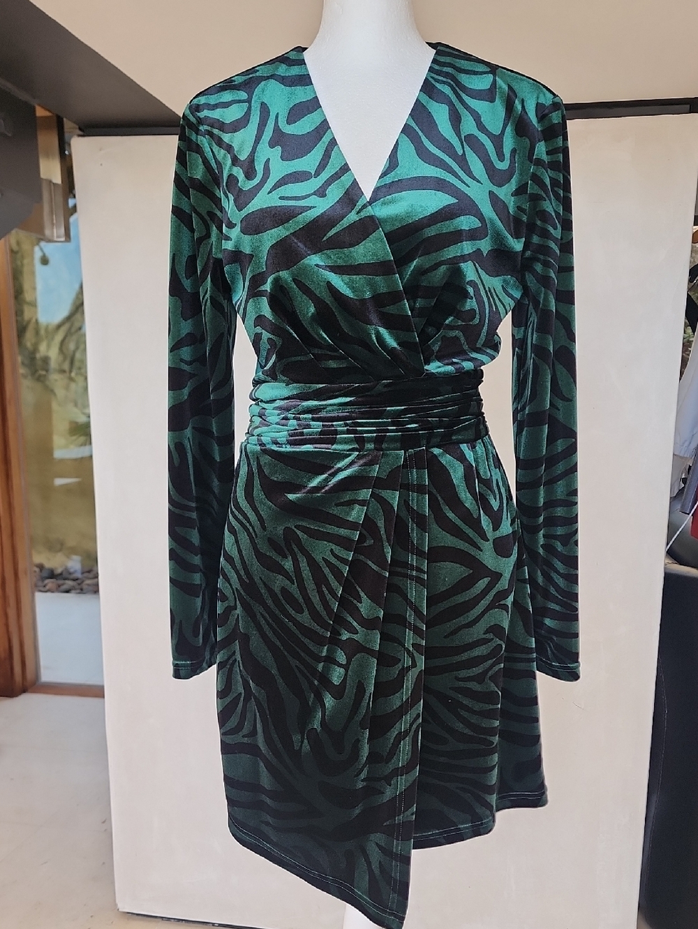 LINI Velvet Green and Black Zebra-Print Wrap Dress